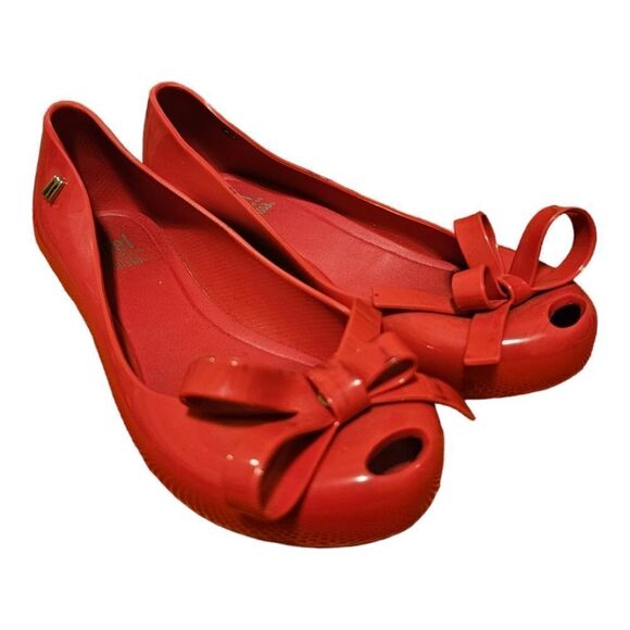 SOLD! MINI MELISSA MEL Ultragirl Pink Bow Peep Toe Jelly Flats Big Girl - Size 1 - Picture 1 of 11